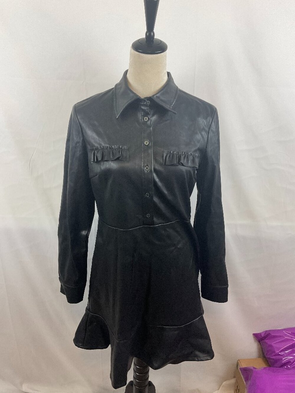 The Shirt Rochelle Behrens Faux Leather Dress S Black Half Button Long Sleeve